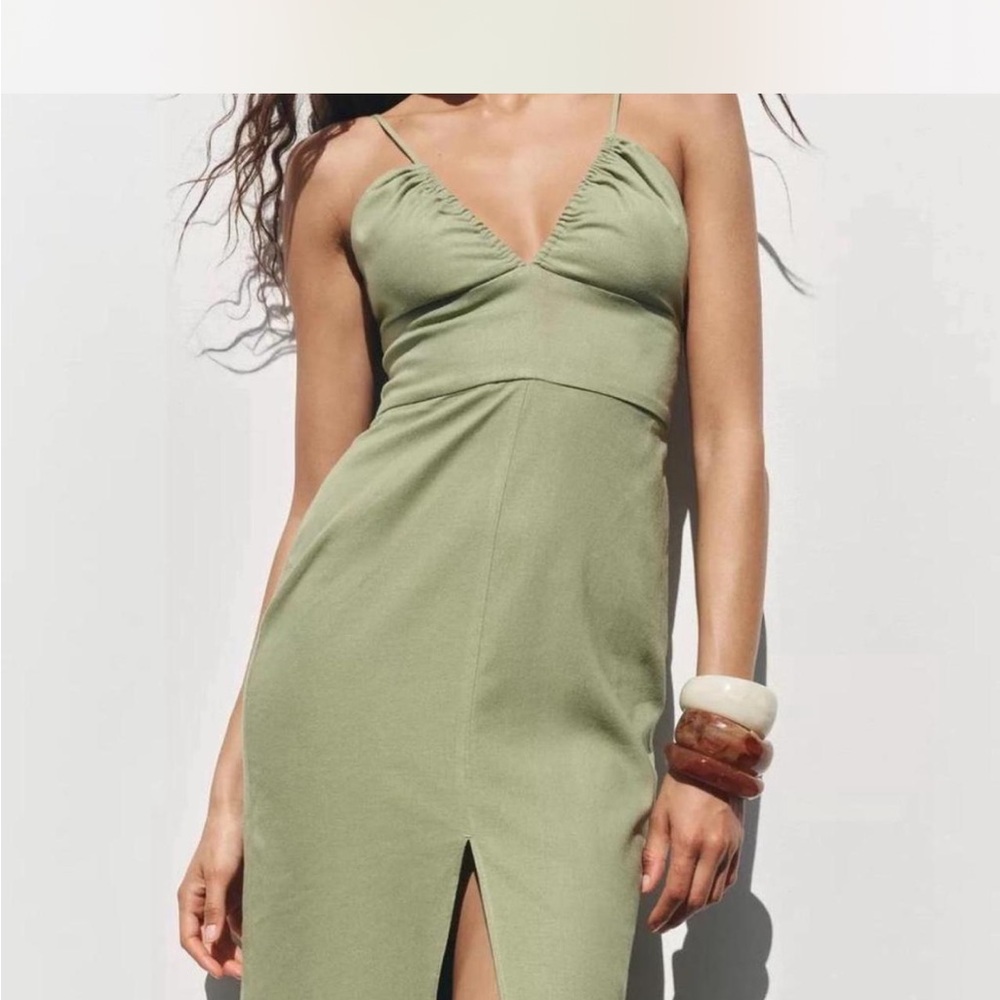Zara Olive Midi Dress with Spaghetti Straps